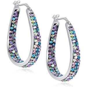 🆕 Women Blue Crystal Hoop Earrings Plated Inside Out Oval Shape Jewelry Gifts